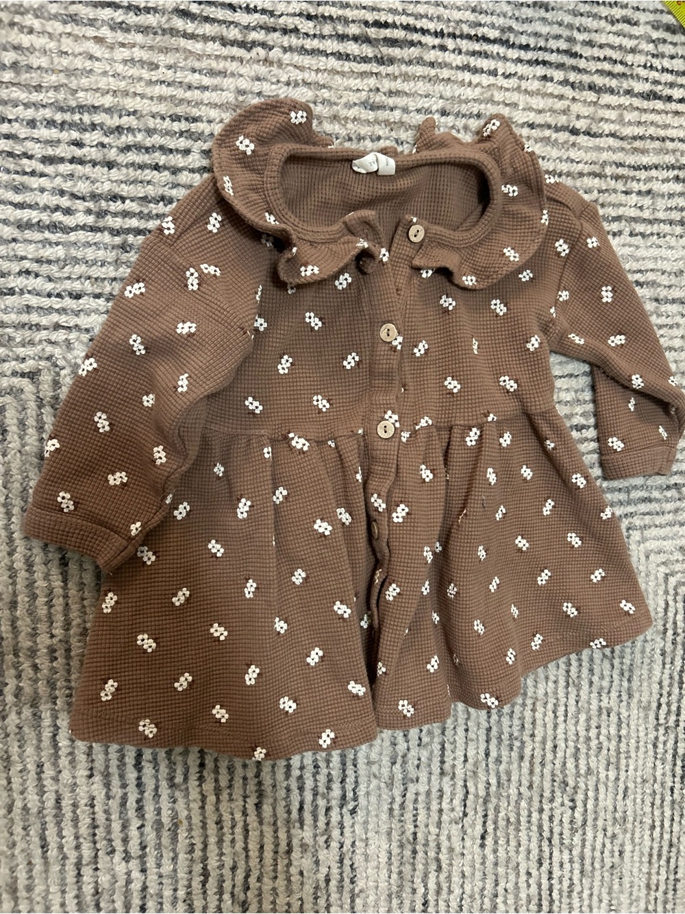 Quincy Mae Brown Floral Waffle-Knit Ruffle Collar Dress Organic Cotton 12-18 M